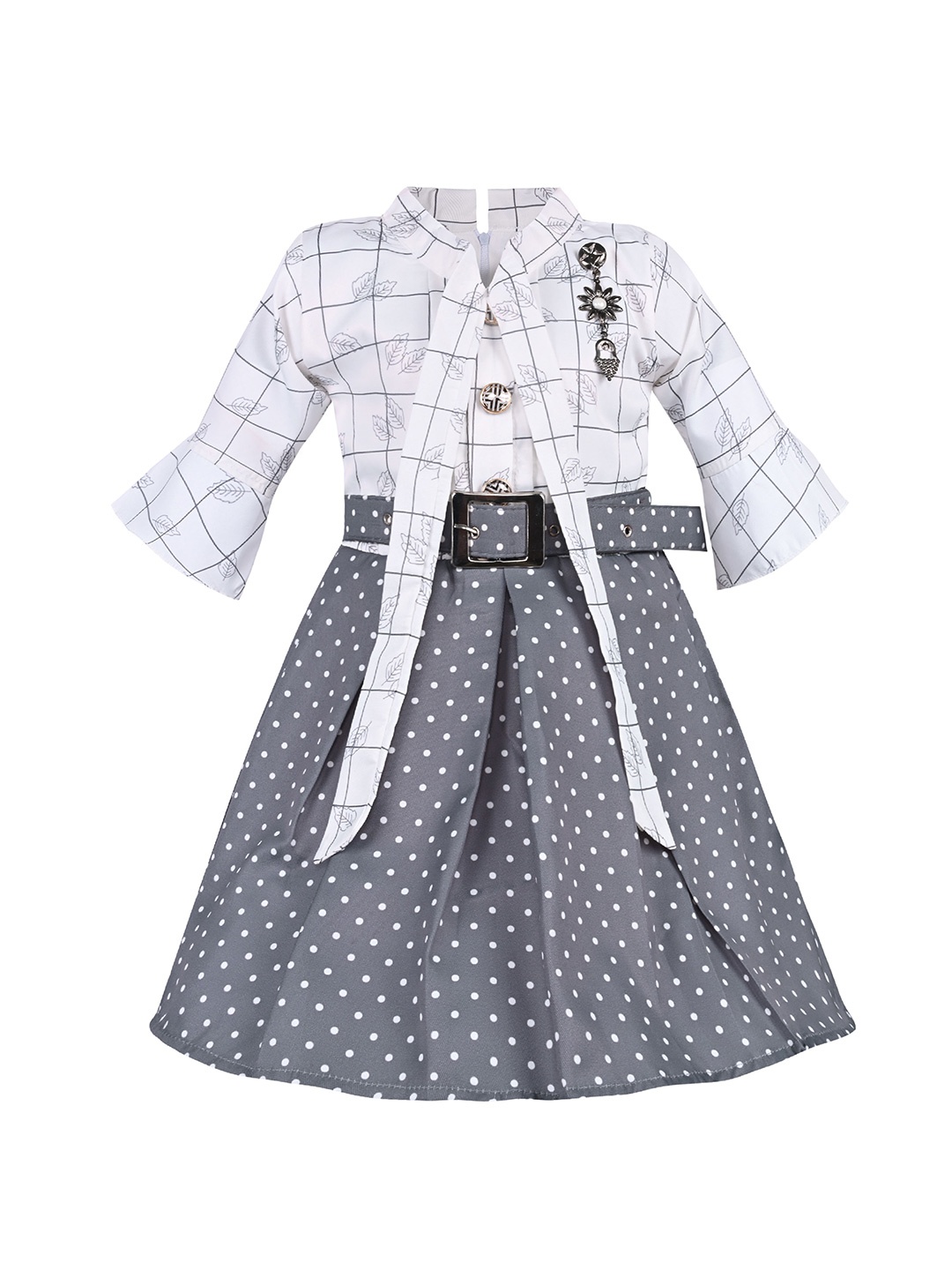 

Wish Karo Girls Polka Dots Printed Tie-Up Neck Belted Satin Fit & Flare Dress, Grey