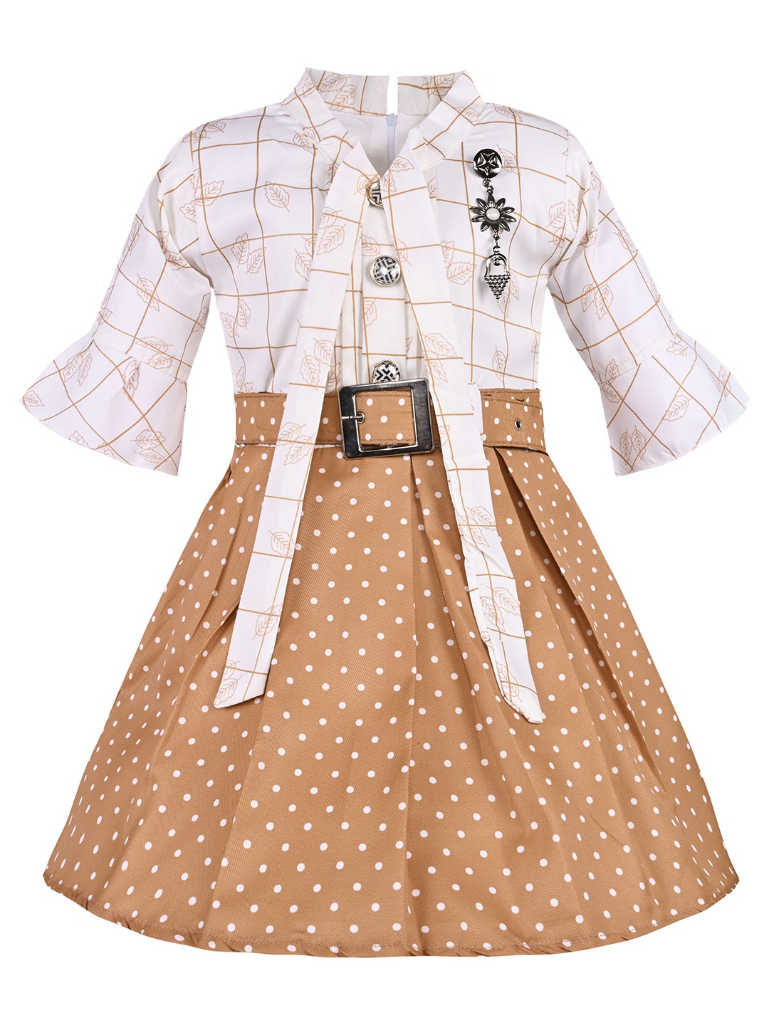 

Wish Karo Girls Polka Dots Printed Tie-Up Neck Bell Sleeve Satin Fit & Flare Dress, Brown