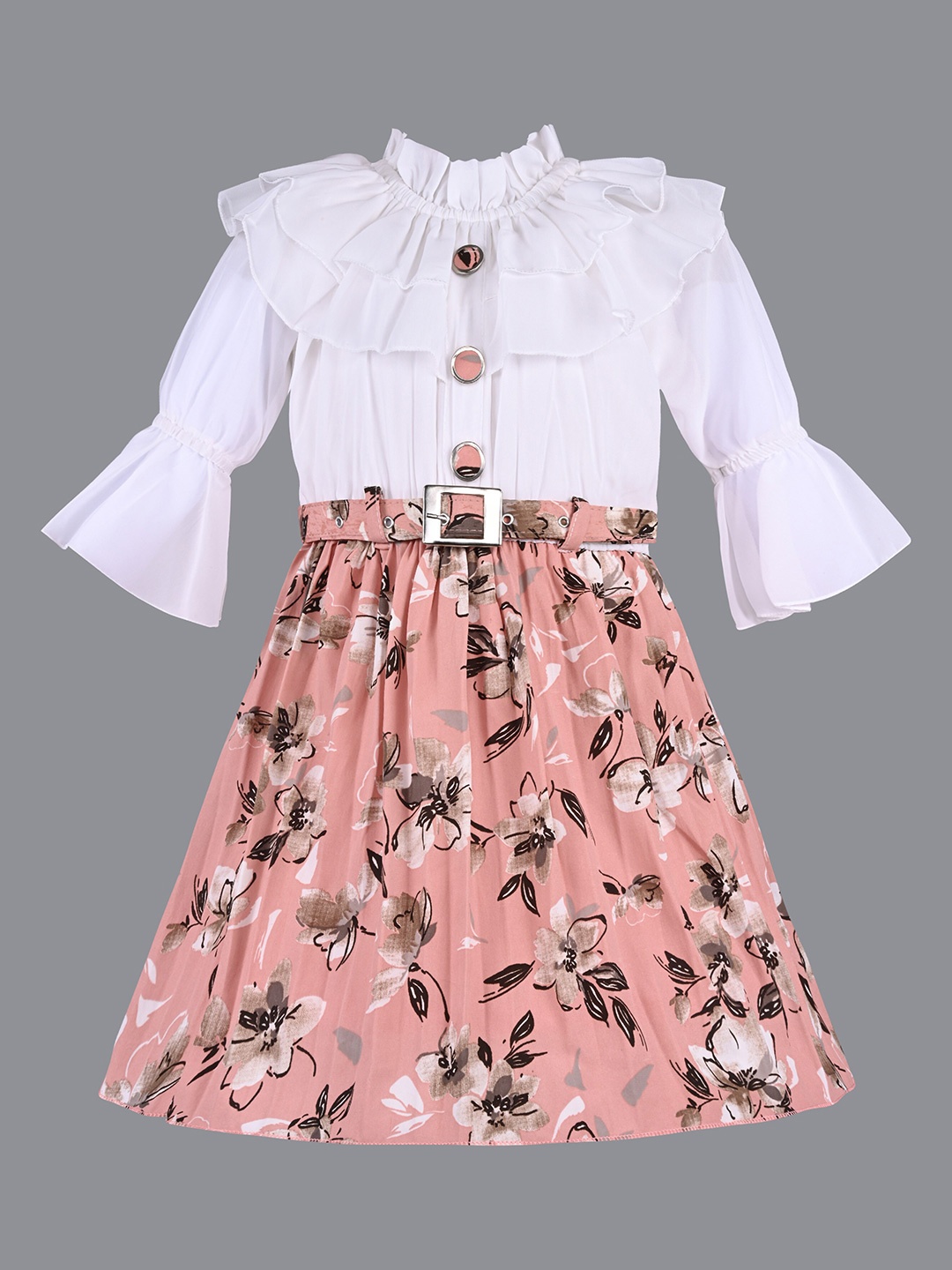 

Wish Karo Girls Floral Printed Ruffles Satin Maxi Dress With Belt, Peach