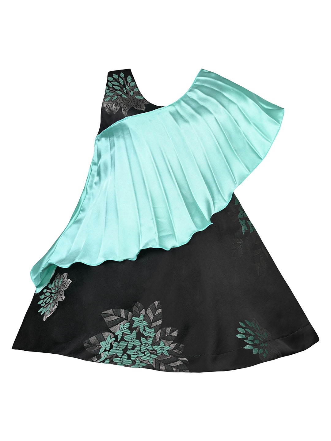 

Wish Karo Girls Floral Printed Ruffles Satin A-Line Dress, Green