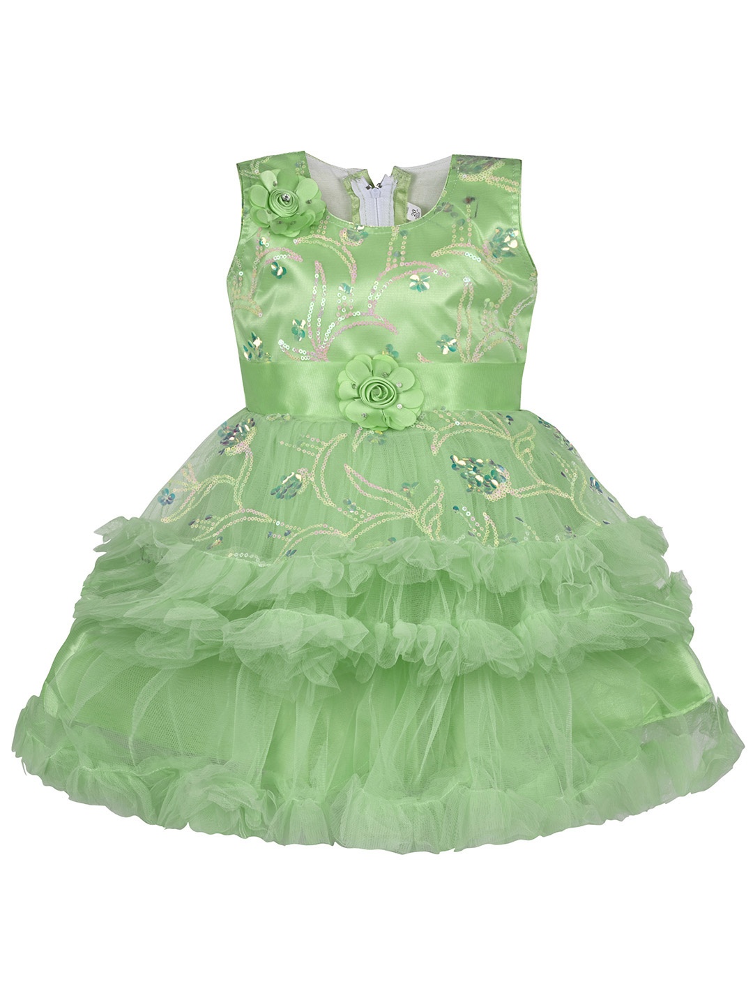 

Wish Karo Girls Embellished Round Neck Ruffles Net Fit & Flare Dress, Green