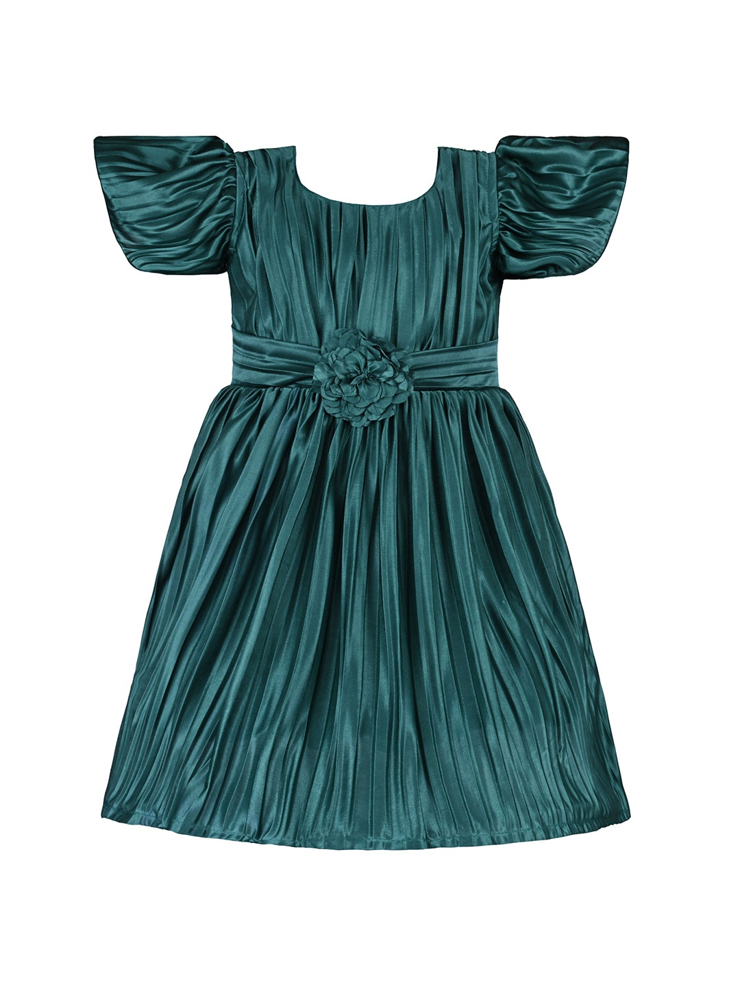 

Wish Karo Girls Gathered Puff Sleeve Satin Fit & Flare Dress, Green