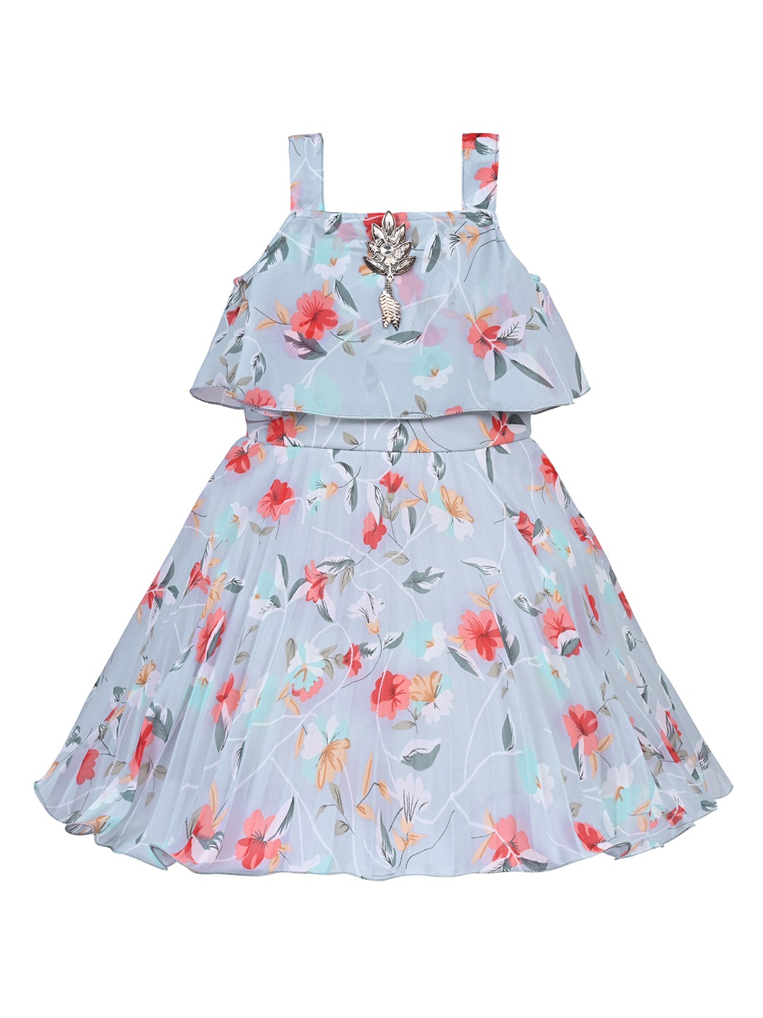 Wish Karo Girls Floral Printed Shoulder Straps Georgette Maxi Dress, Grey