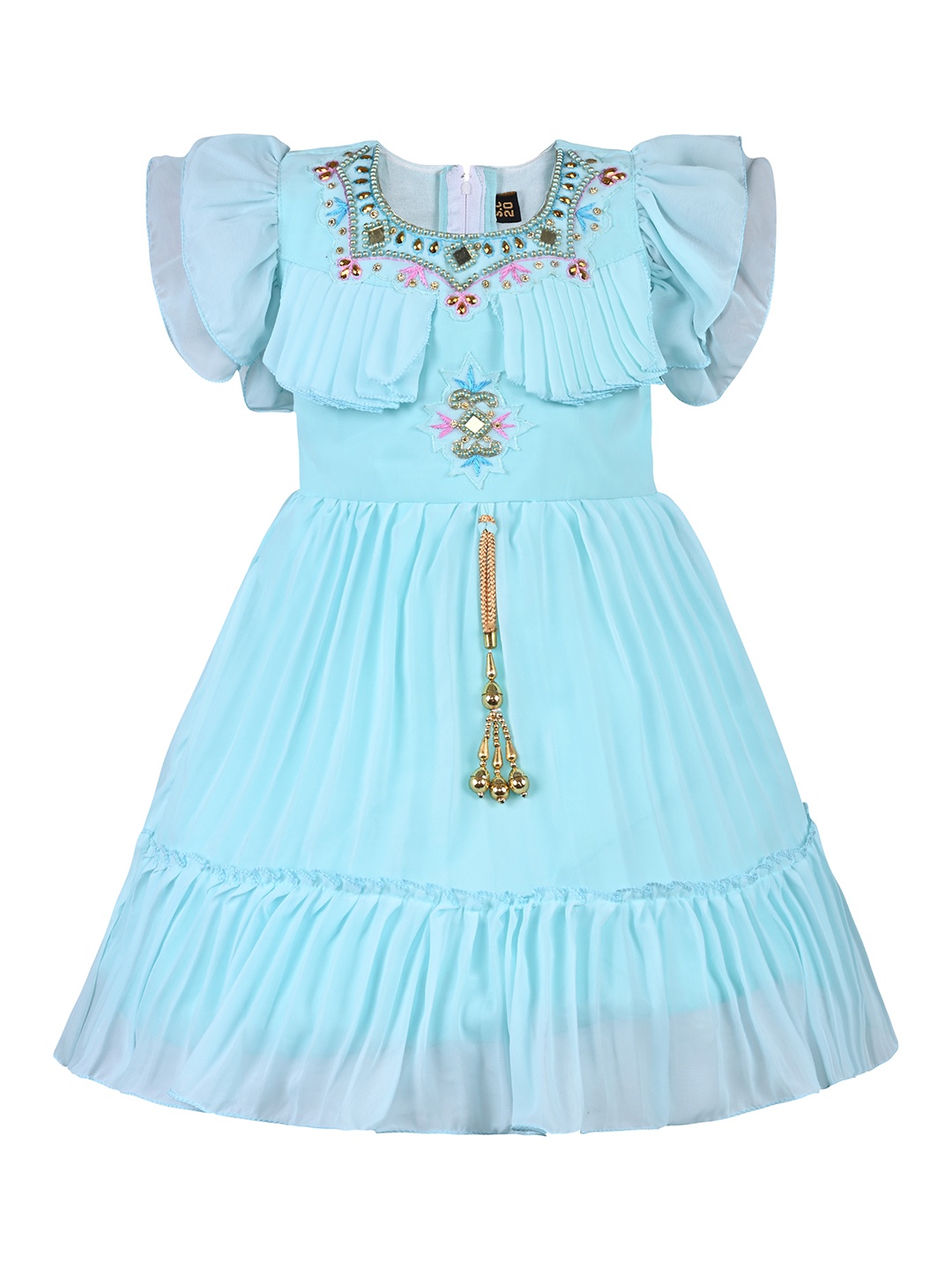 

Wish Karo Girls Embellished Flutter Sleeve Tiered Georgette Fit & Flare Dress, Blue