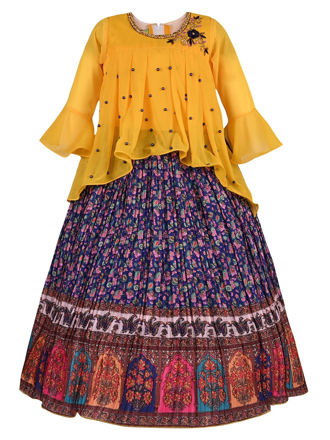 

Wish Karo Girls Ethnic Motifs Printed Gathered Georgette Maxi Dress, Navy blue