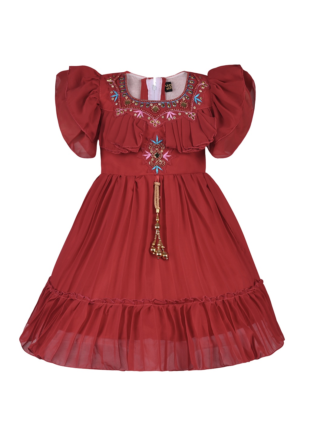 

Wish Karo Girls Embellished Puff Sleeves Georgette Knee Length Fit & Flare Dress, Maroon