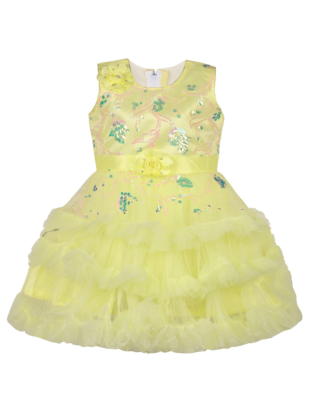 

Wish Karo Girls Floral Printed Sequined Net Fit & Flare Dress, Yellow