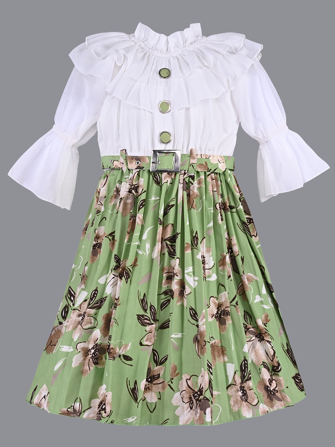 

Wish Karo Girls Floral Printed Bell Sleeves Satin Maxi Dress, Green