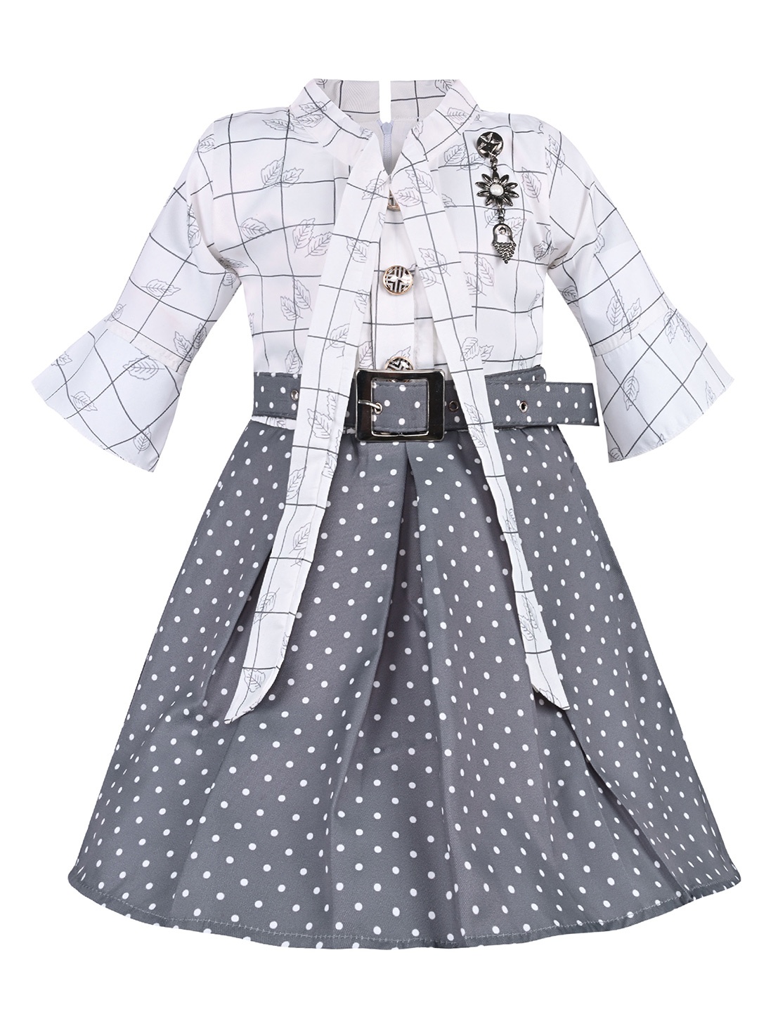 

Wish Karo Girls Polka Dots Printed Bell Sleeves Fit & Flare Dress, Grey