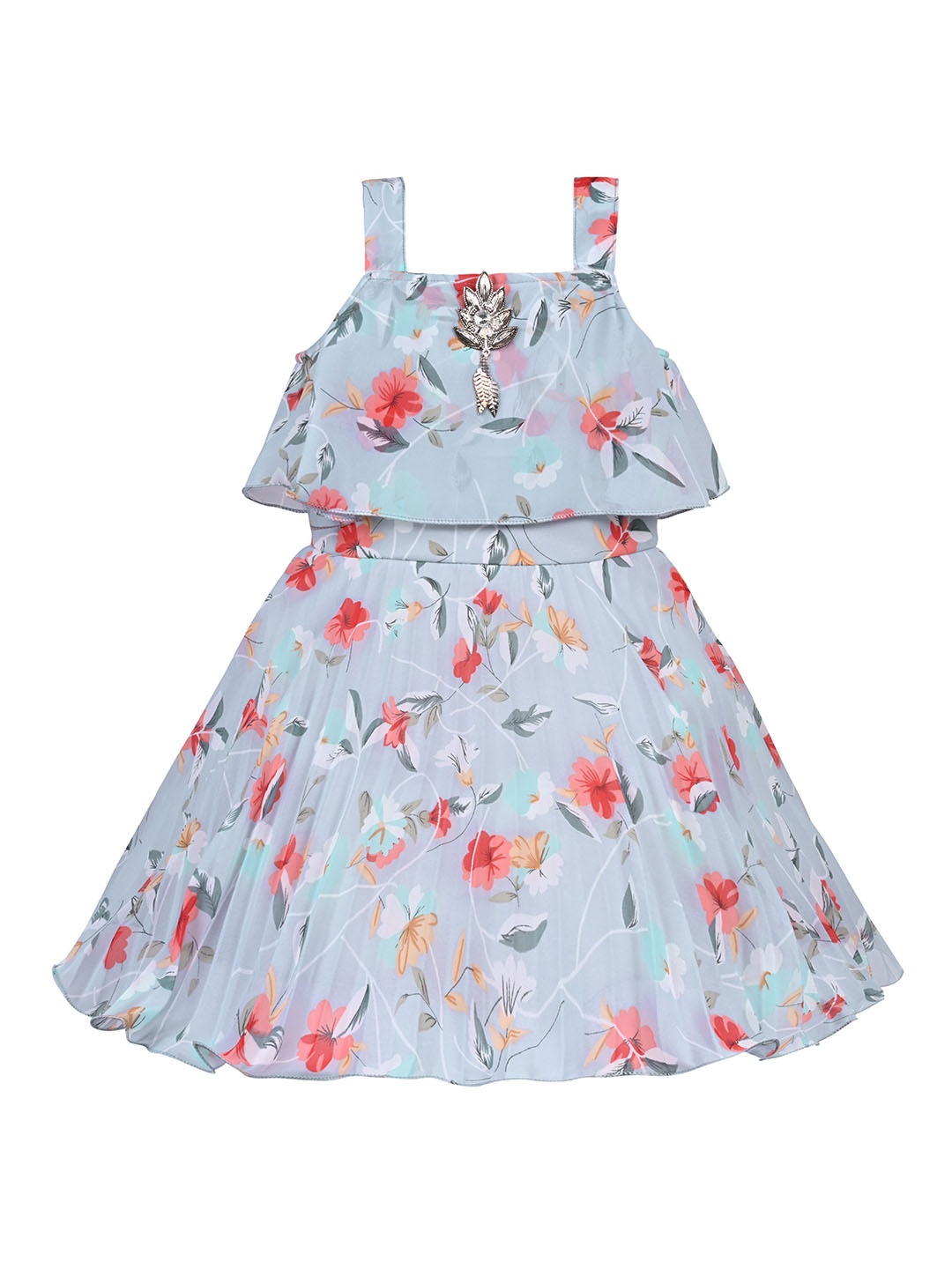Wish Karo Girls Floral Printed Shoulder Straps Georgette Maxi Dress, Grey