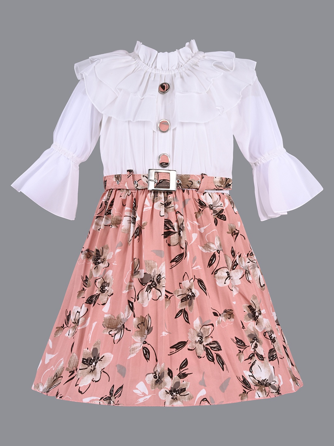 

Wish Karo Girls Floral Printed Bell Sleeves Satin Fit & Flare Maxi Dress, Peach