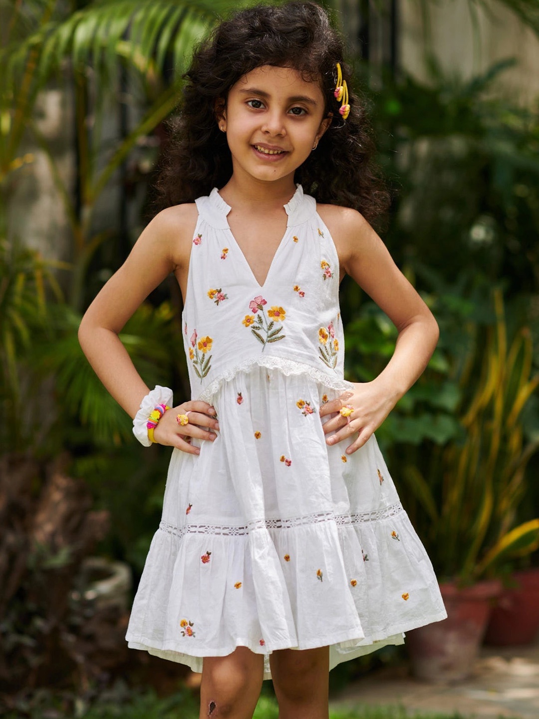 

Somersault Girls V-Neck Floral Printed Cotton Fit & Flare Dress, White