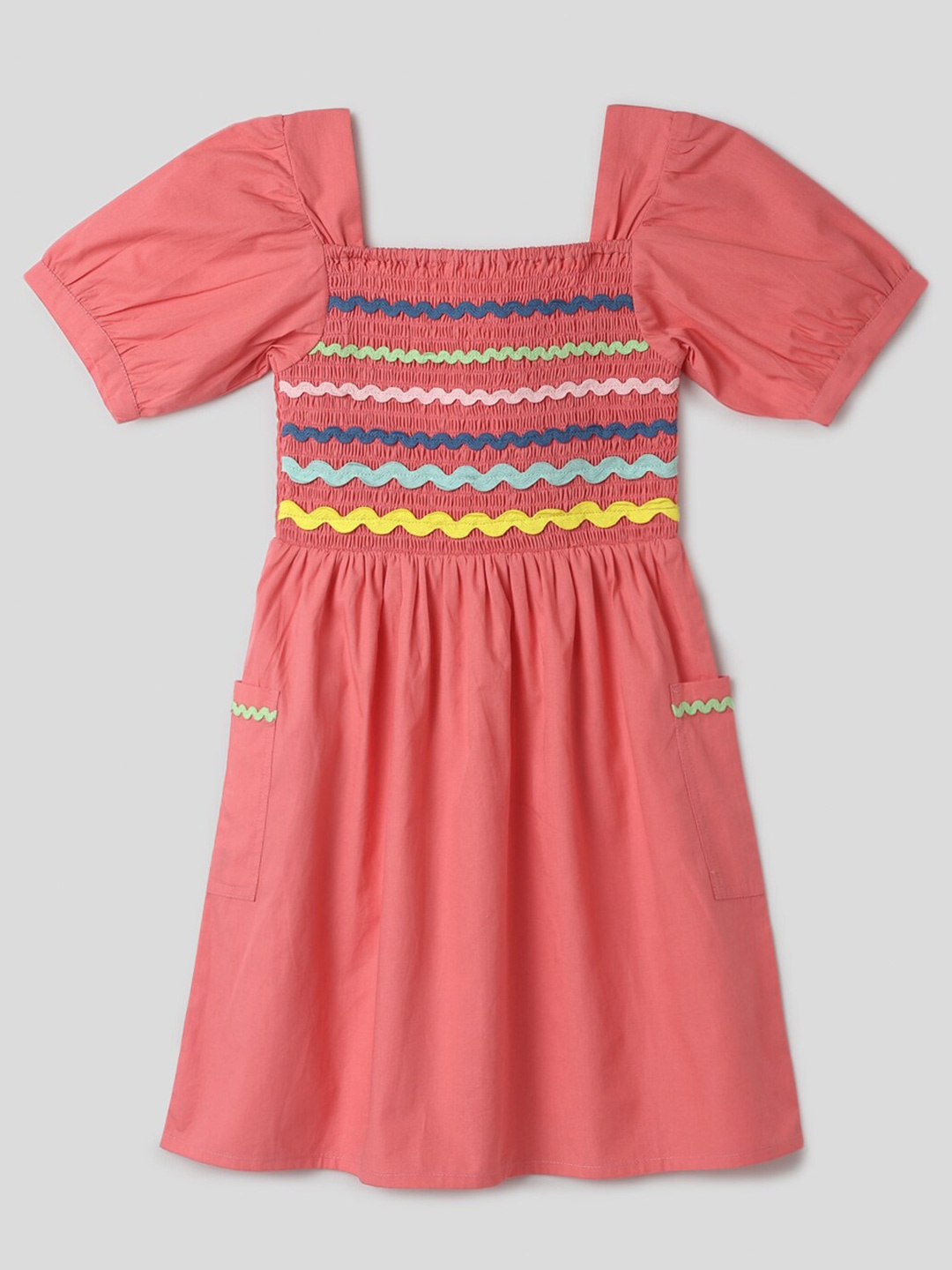 

Somersault Girls Square Neck Geometric Printed Smocked Cotton Fit & Flare Dress, Pink