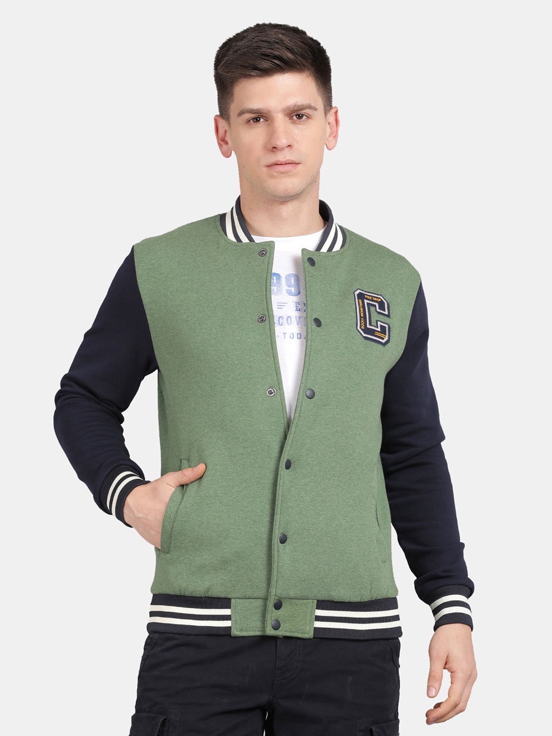 

t-base Typography Printed Mock Collar Varsity Jacket, Green