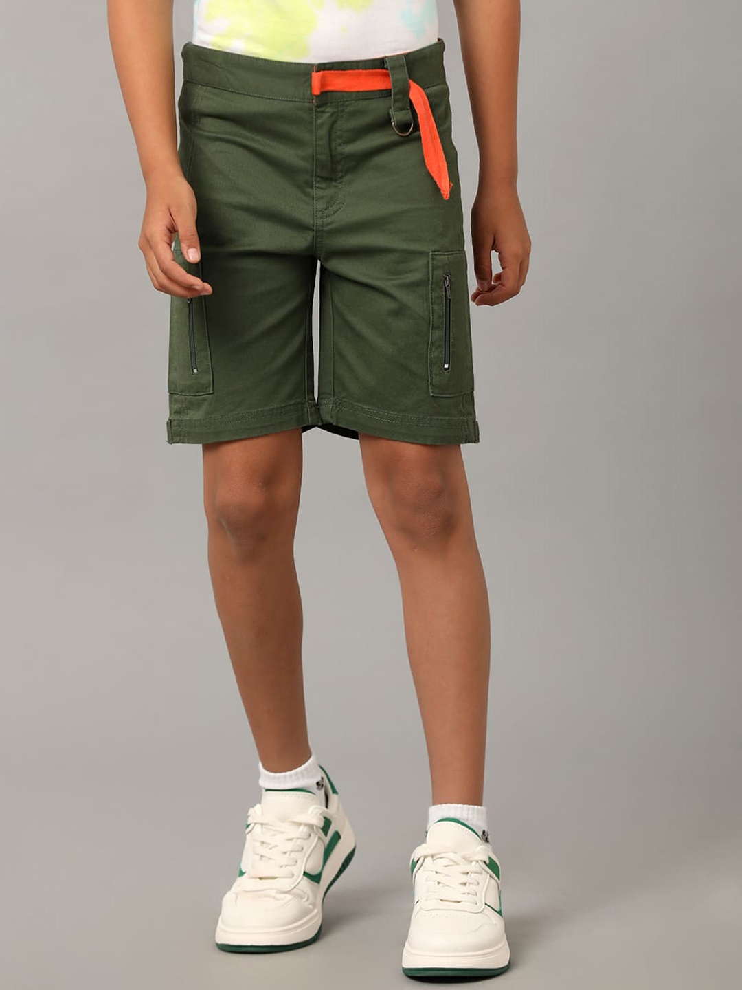 

UNDER FOURTEEN ONLY Boys Mid Rise Cotton Shorts, Olive