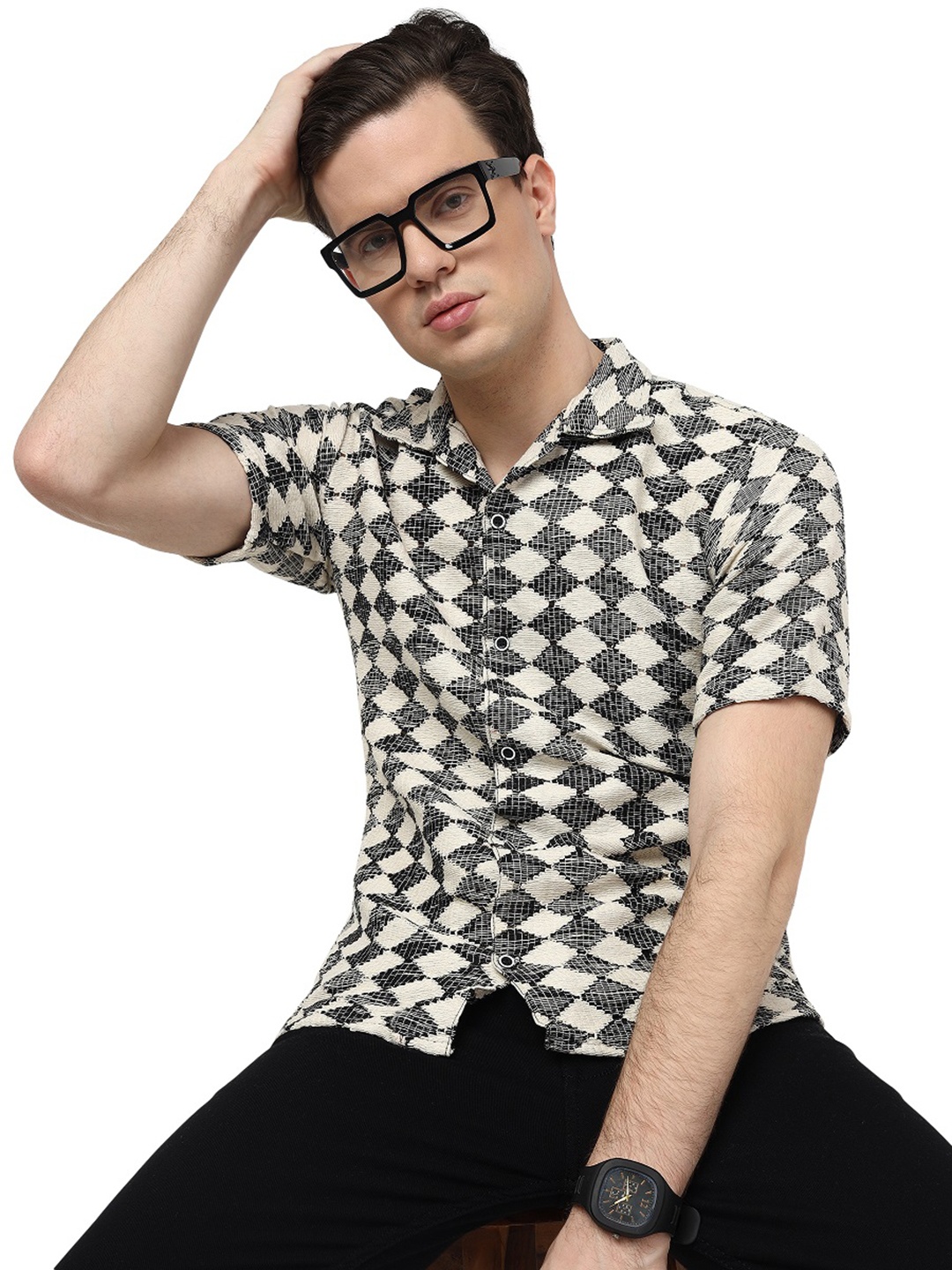 

BAESD Classic Geometric Printed Cotton Spread Collar Opaque Casual Shirt, Cream