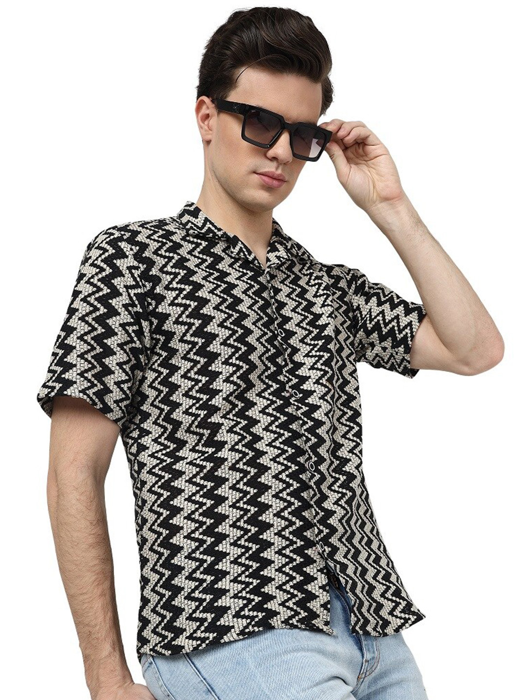 

BAESD Classic Geometric Printed Cotton Casual Shirt, Black