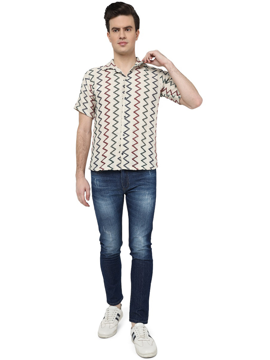 

BAESD Spread Collar Short Sleeves Classic Printed Casual Cotton Shirt, Cream