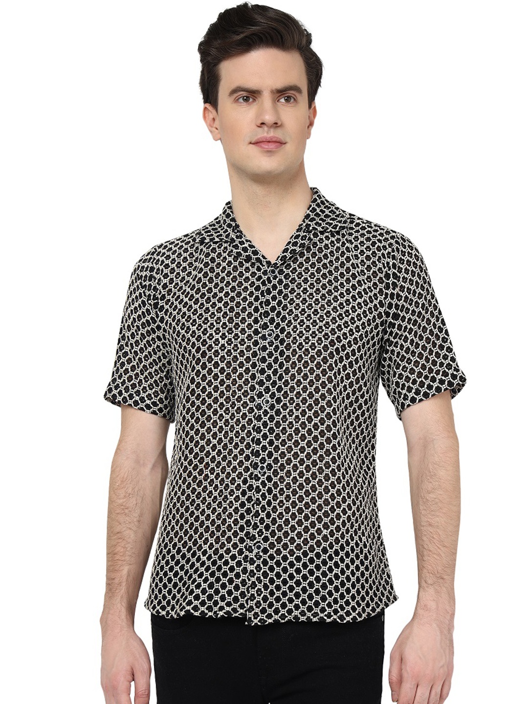 

BAESD Classic Geometric Printed Cotton Spread Collar Opaque Casual Shirt, Black