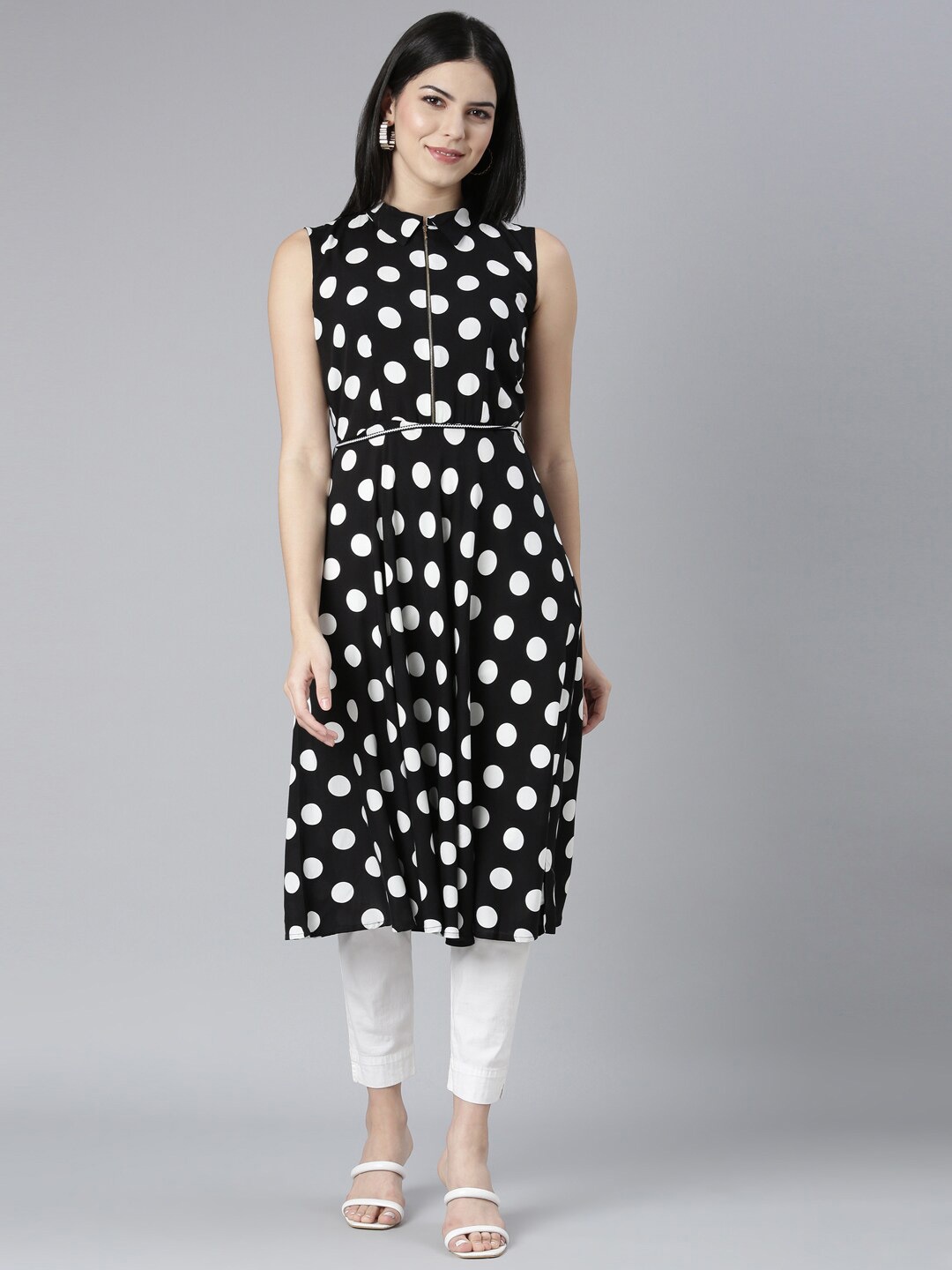 

Neerus Polka Dots Printed Straight Kurtas, Black