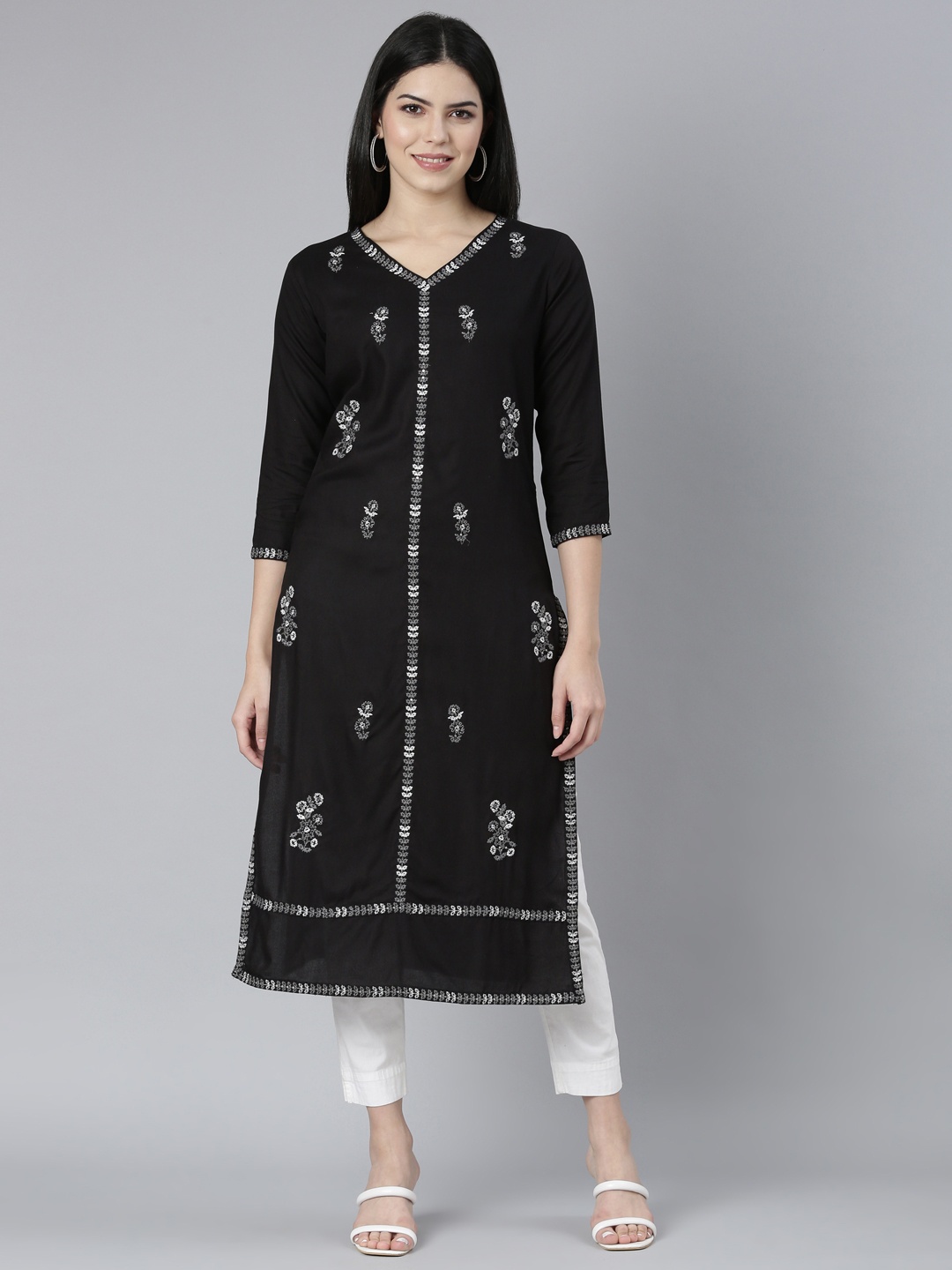 

Neerus Floral Embroidered Flared Sleeves Thread Work Anarkali Kurta, Black