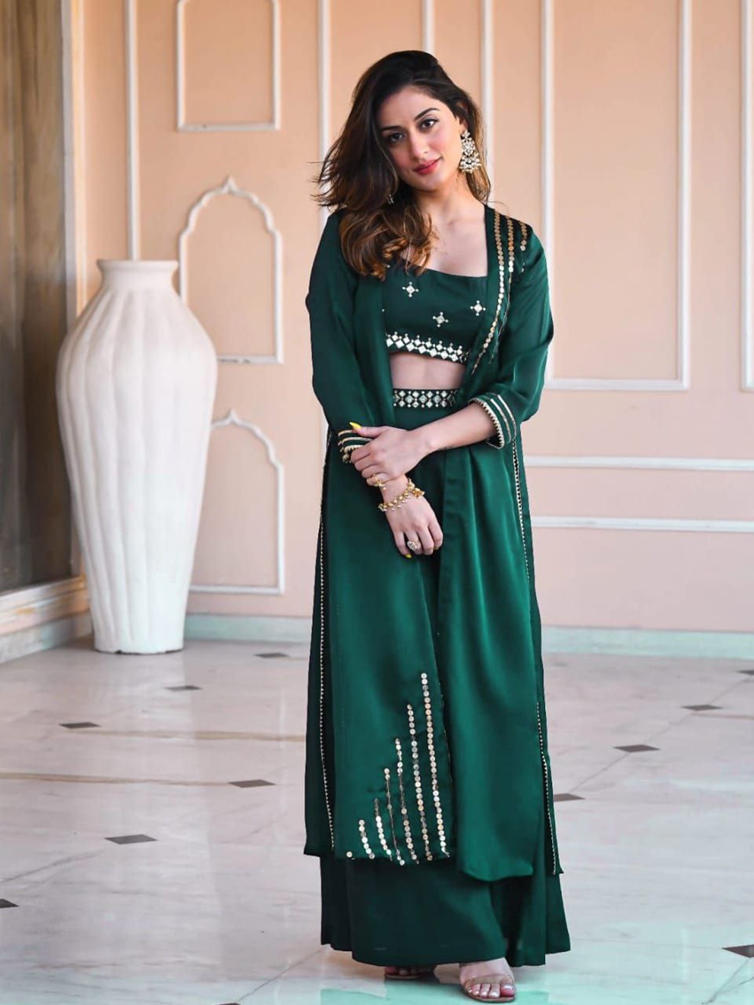 

Ashiya Fab Embroidered Top with Palazzos With Shrug Co-Ords, Green