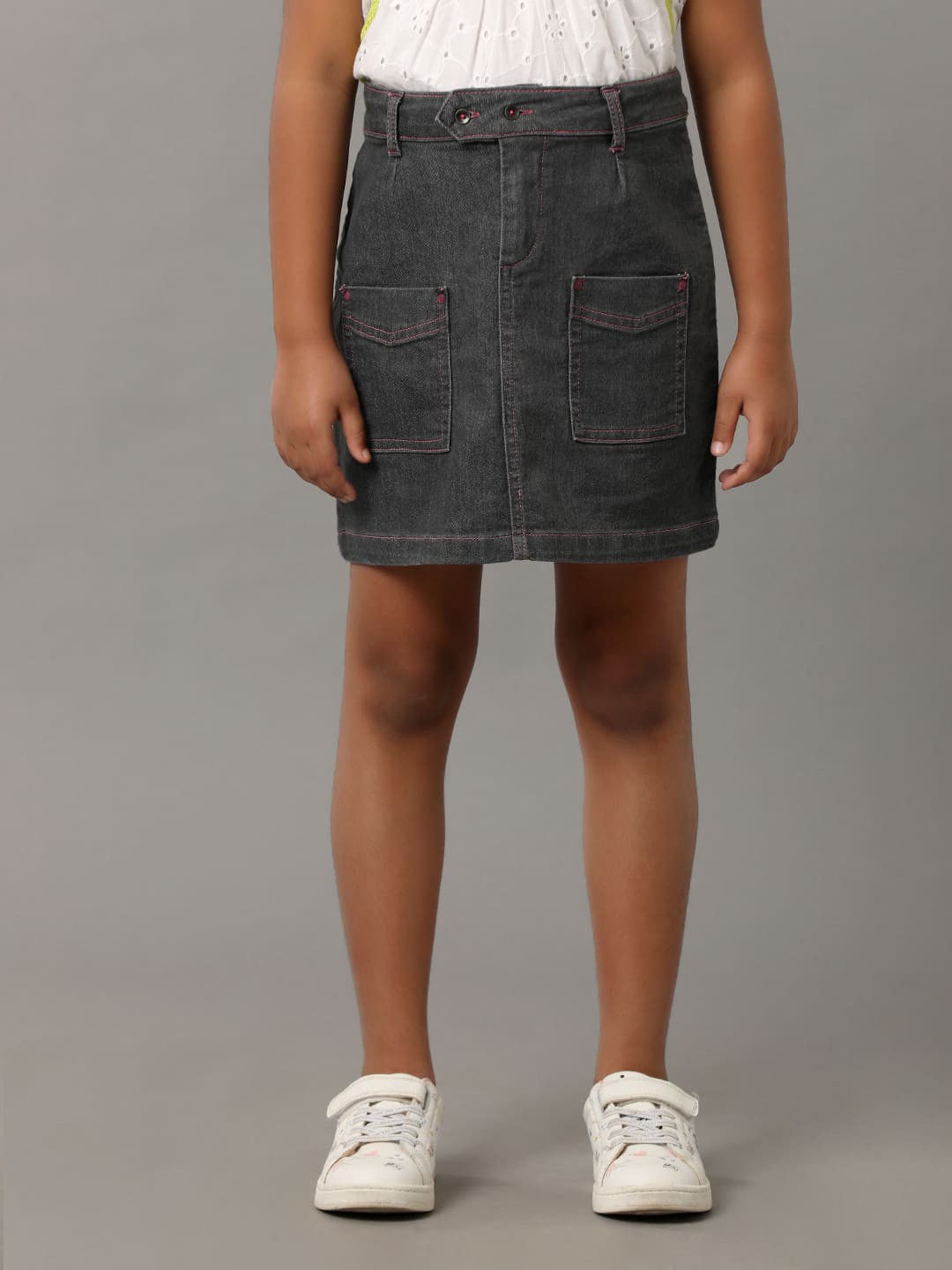 

UNDER FOURTEEN ONLY Girls Denim Casual Straight Hem A-Line Skirt, Grey