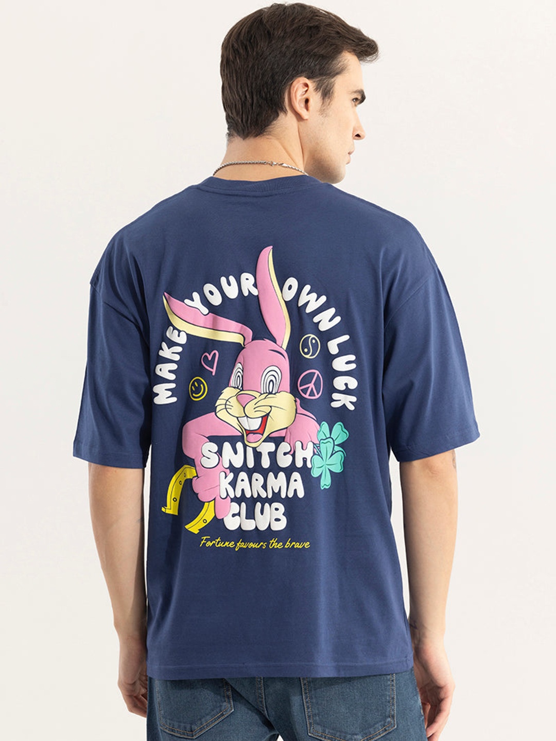 

Snitch Oversized Graphic Applique Round Neck Extended Sleeves Cotton T-shirt, Blue