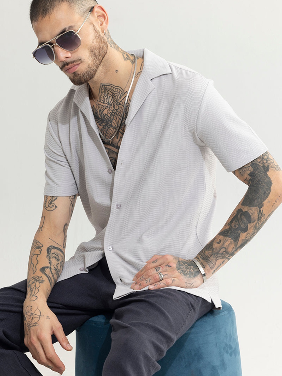 

Snitch Grey Classic Boxy Fit Striped Textured Casual Shirt