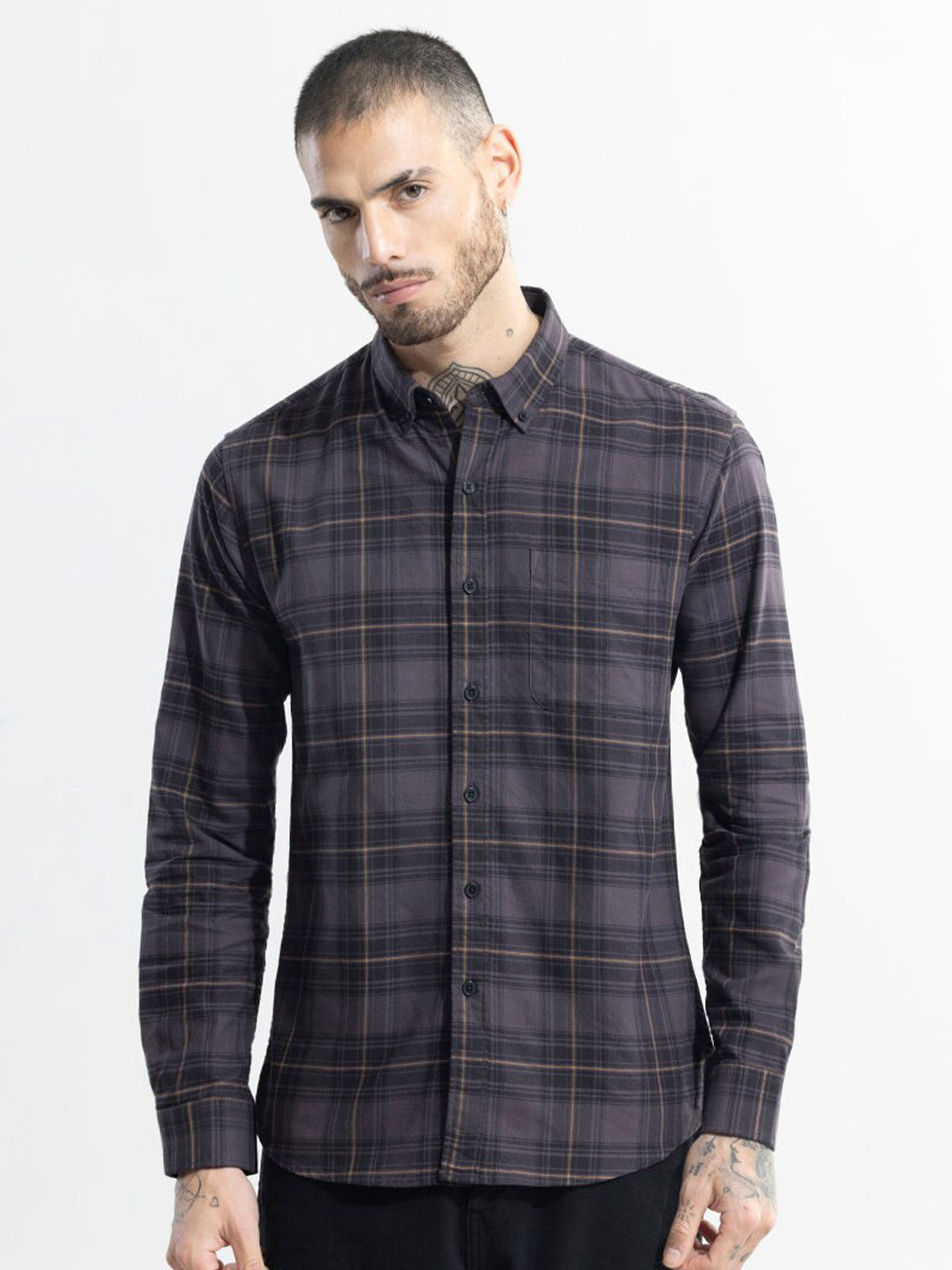 

Snitch Tartan Checks Classic Cotton Slim Fit Casual Shirt, Grey