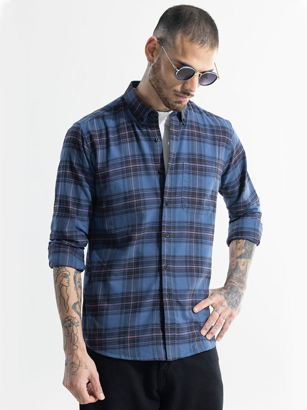 

Snitch Blue & Black Classic Slim Fit Tartan Checked Printed Cotton Casual Shirt