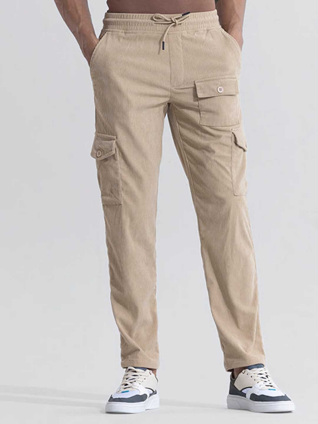 

Snitch Men Beige Smart Loose Fit Corduroy Weave Chinos Trousers