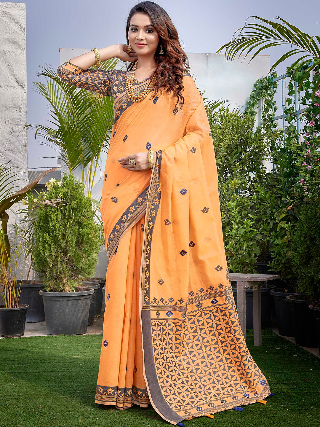 

Mitera Orange & Grey Woven Design Silk Cotton Saree