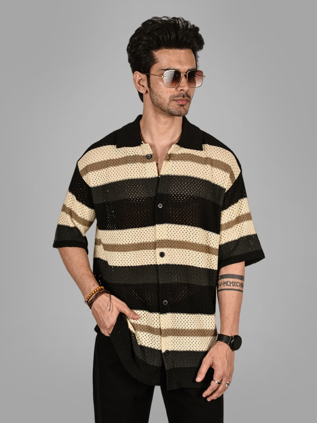 

Powerlook Horizontal Stripes Spread Collar Long Sleeves Semi Sheer Cotton Casual Crochet Shirt, Black