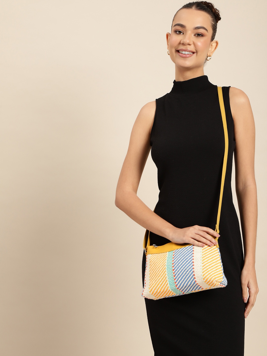 

DressBerry Striped Structured Sling Bag, Mustard