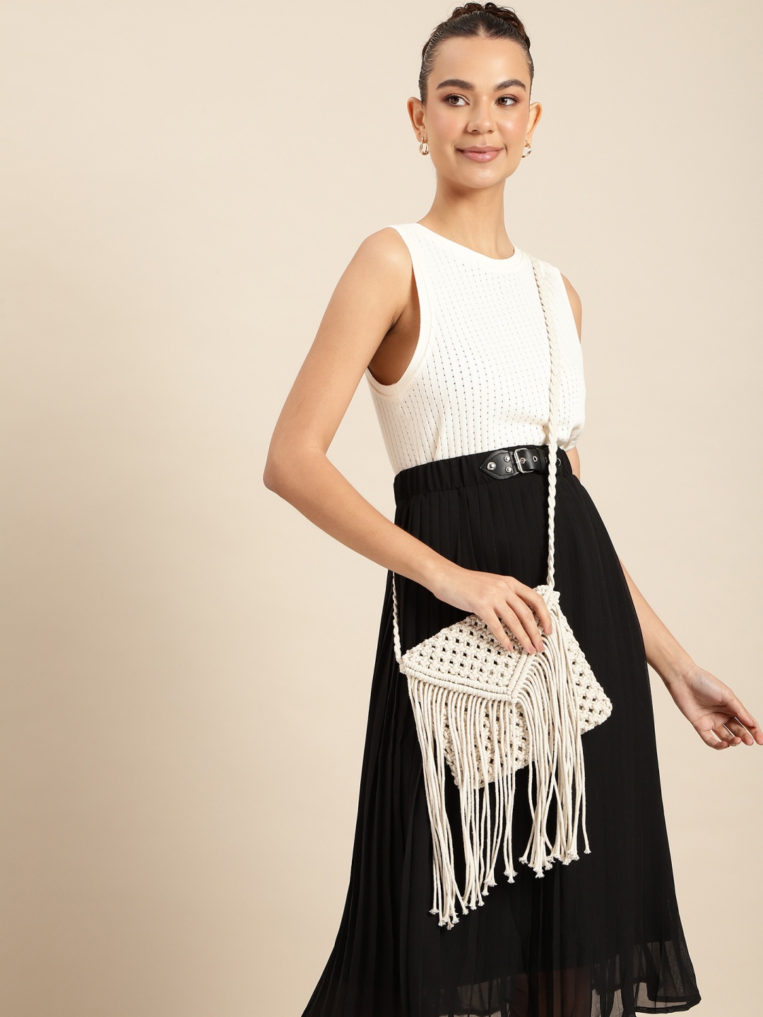 

DressBerry Self Design Structured Sling Bag with Fringed, Off white
