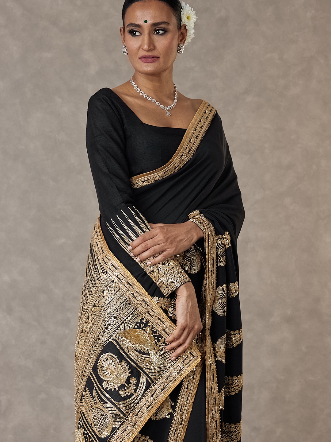 

Masaba Son-Patti Ethnic Motifs Embellished Sequinned Saree, Black