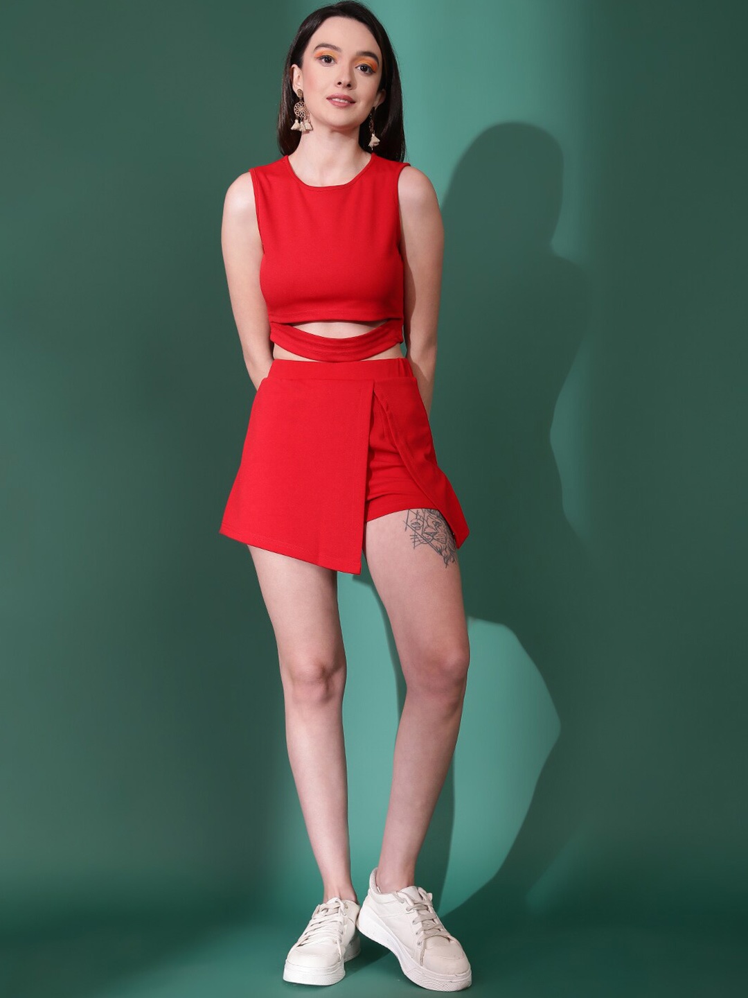 

Stylecast X Kotty Round Neck Cut Out Crop Top With Skorts, Red