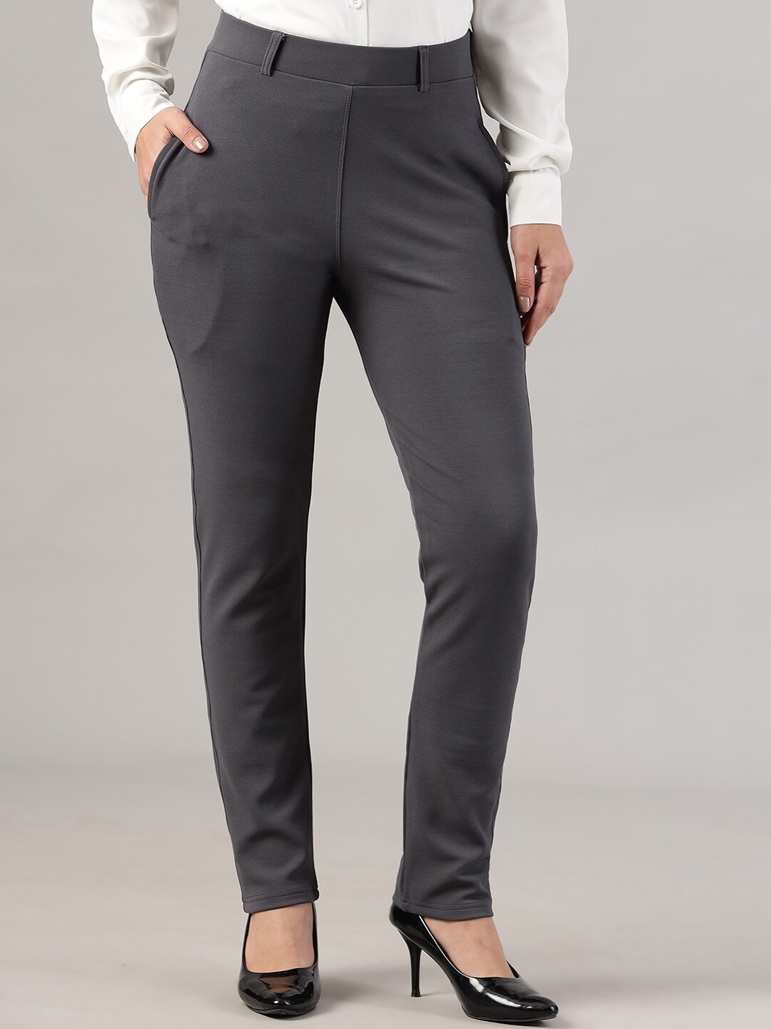 

FITHUB Women Slim Fit High-Rise Formal Trousers, Grey