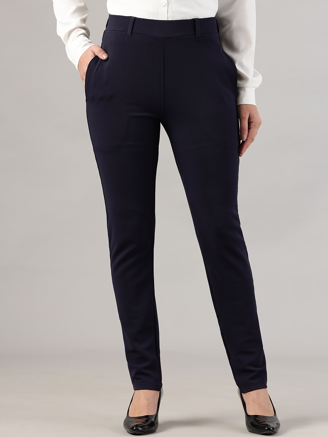 

FITHUB Women Slim Fit High-Rise Cotton Formal Trousers, Navy blue