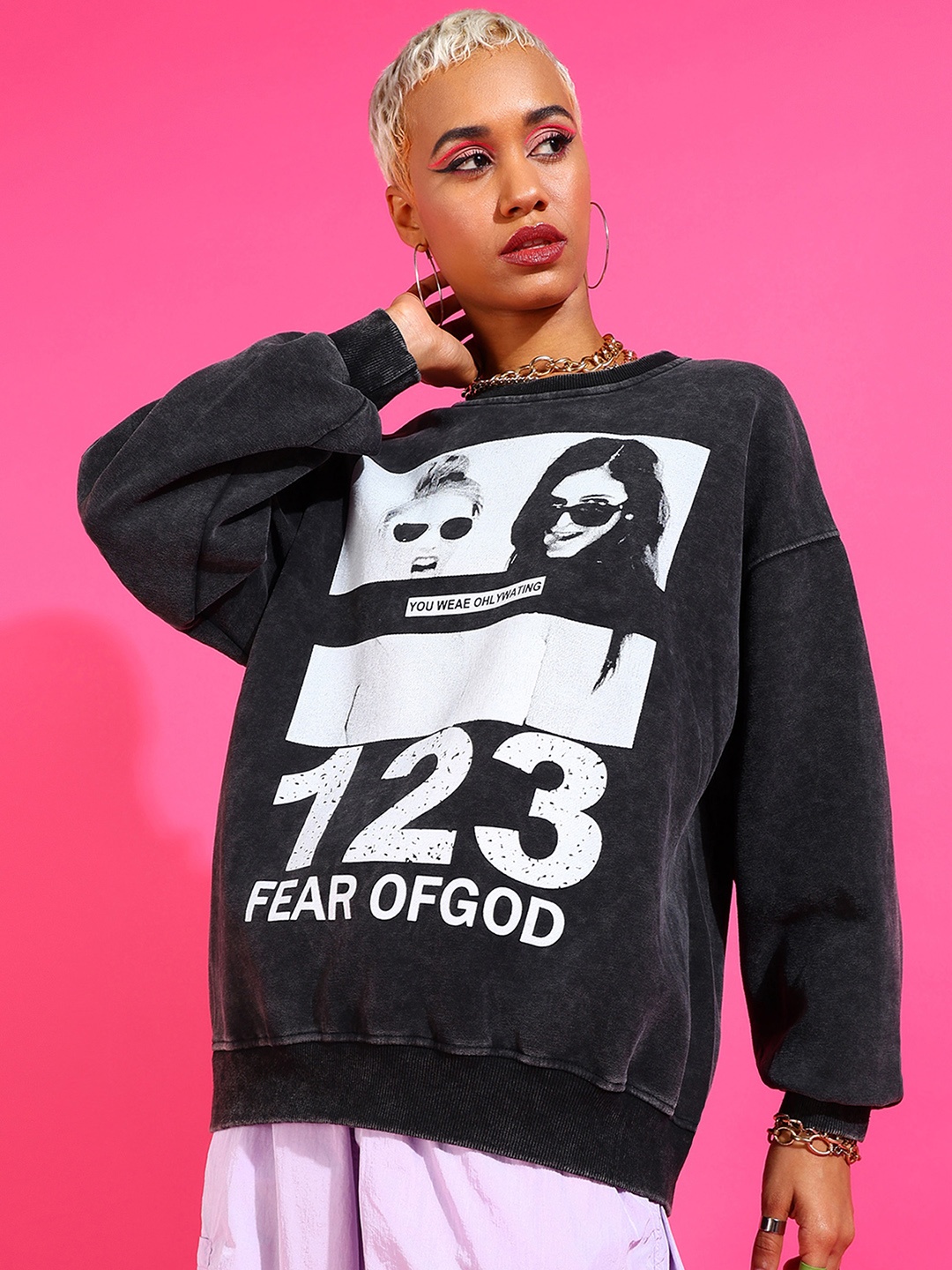 

SHECZZAR Black Graphic Printed Round Neck Oversized Cotton Sweatshirts