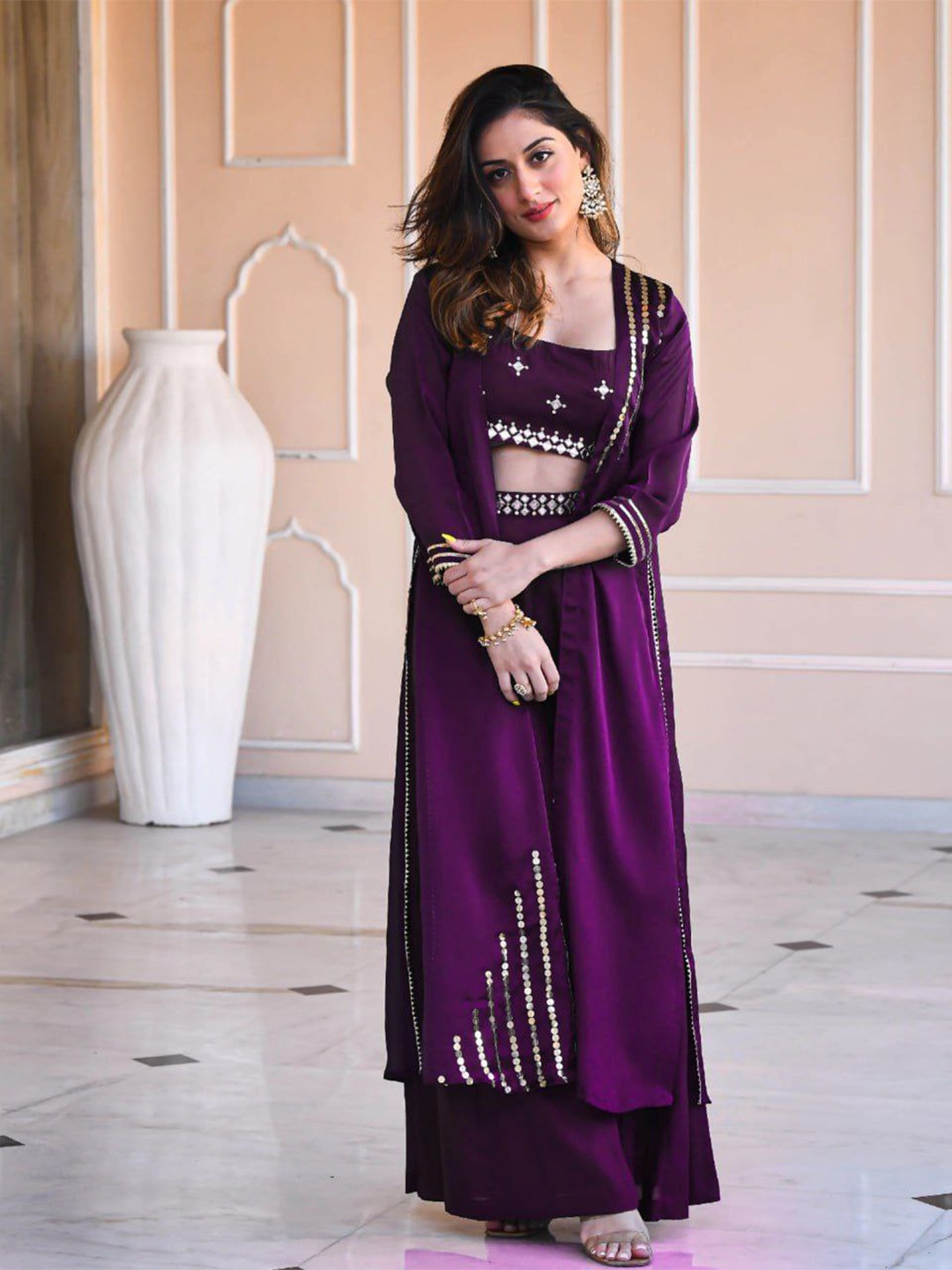

Ashiya Fab Embellished Ethnic Top & Palazzo With Shrug, Purple