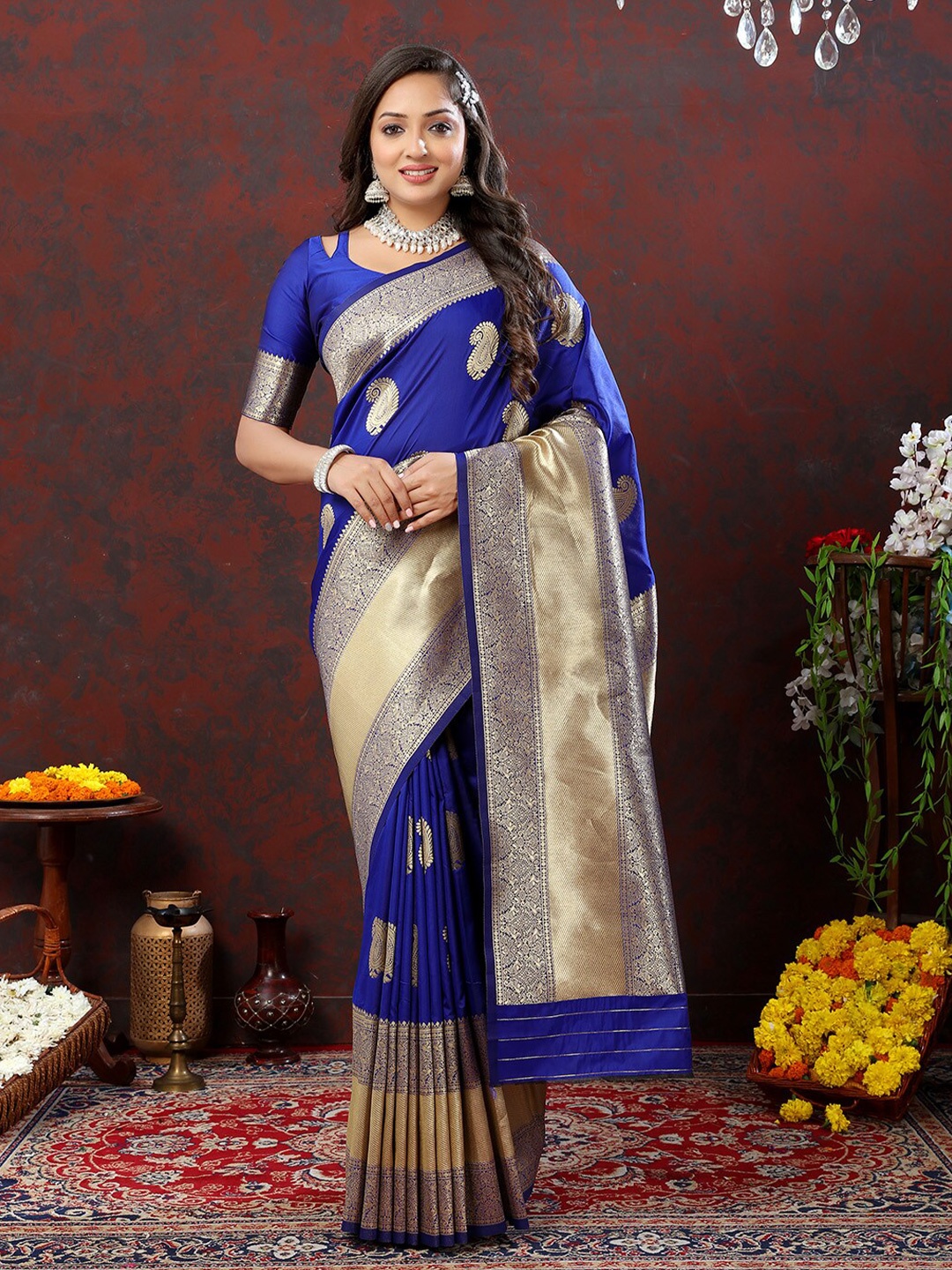 

JATRIQQ Paisley Woven Design Zari Art Silk Banarasi Saree, Blue