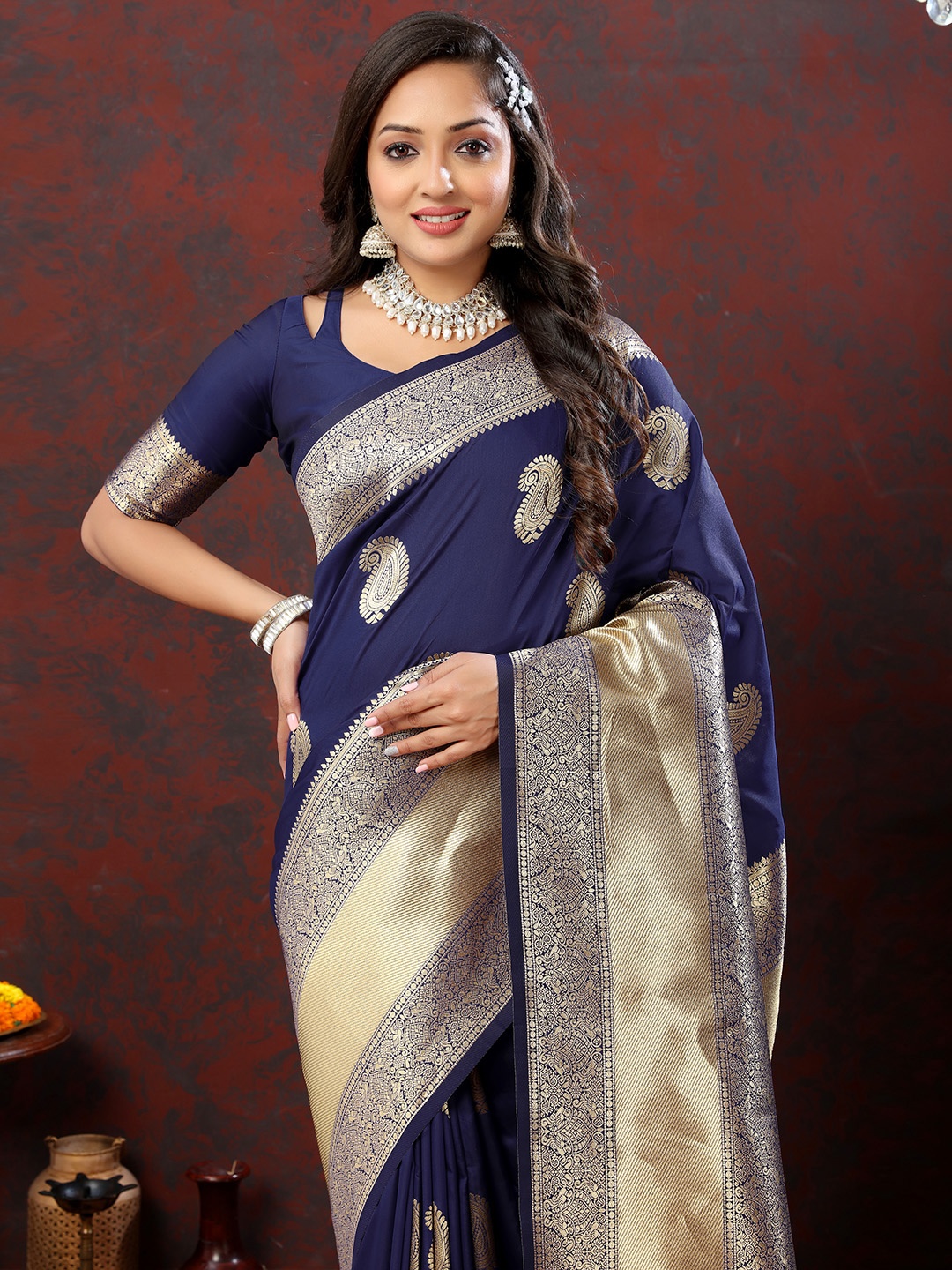 

JATRIQQ Paisley Woven Design Zari Art Silk Banarasi Saree, Navy blue
