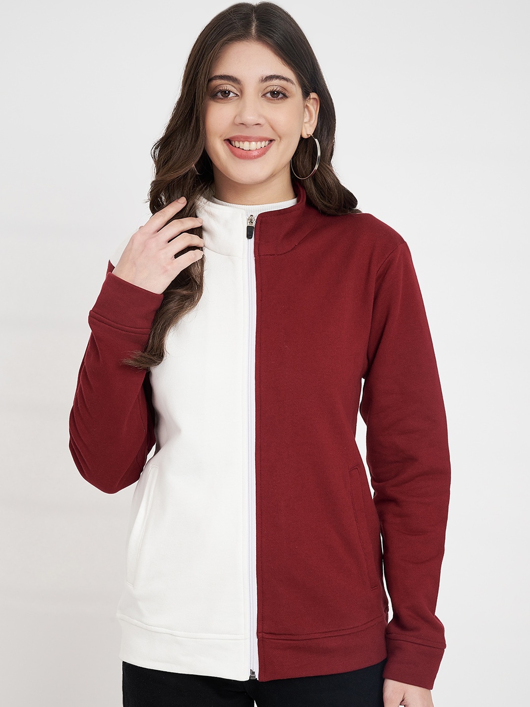 

CHARMGAL Colourblocked Mock Collar Long Sleeves Cotton Bomber Jacket, Maroon