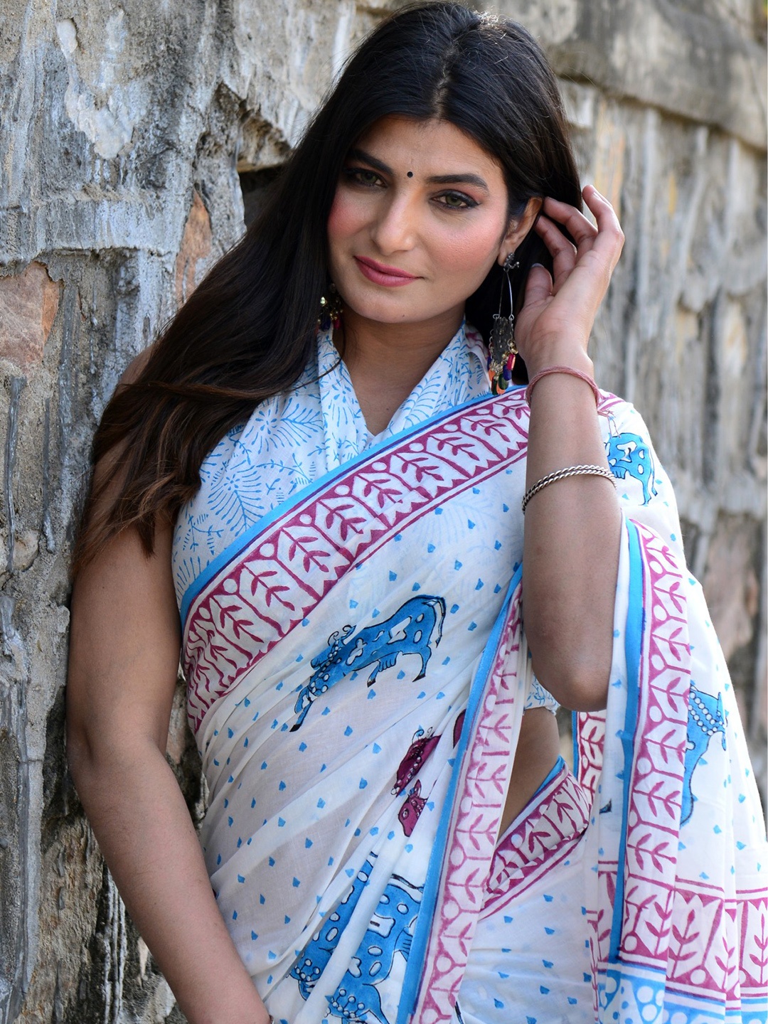 

Shivanya Handicrafts Paisley Printed Mulmul Cotton Block Print Saree, White