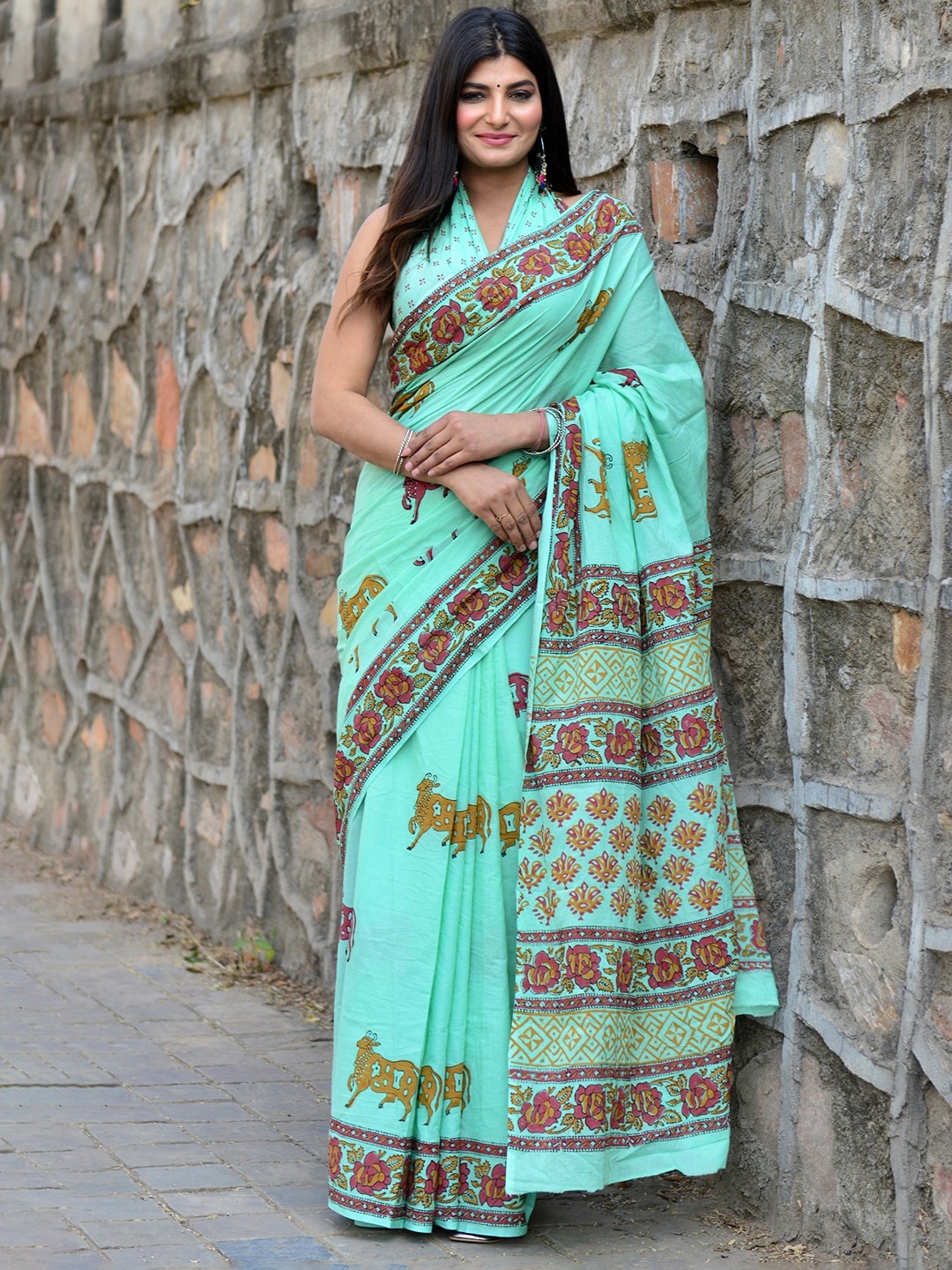 

Shivanya Handicrafts Floral Pure Cotton Block Print Saree, Brown