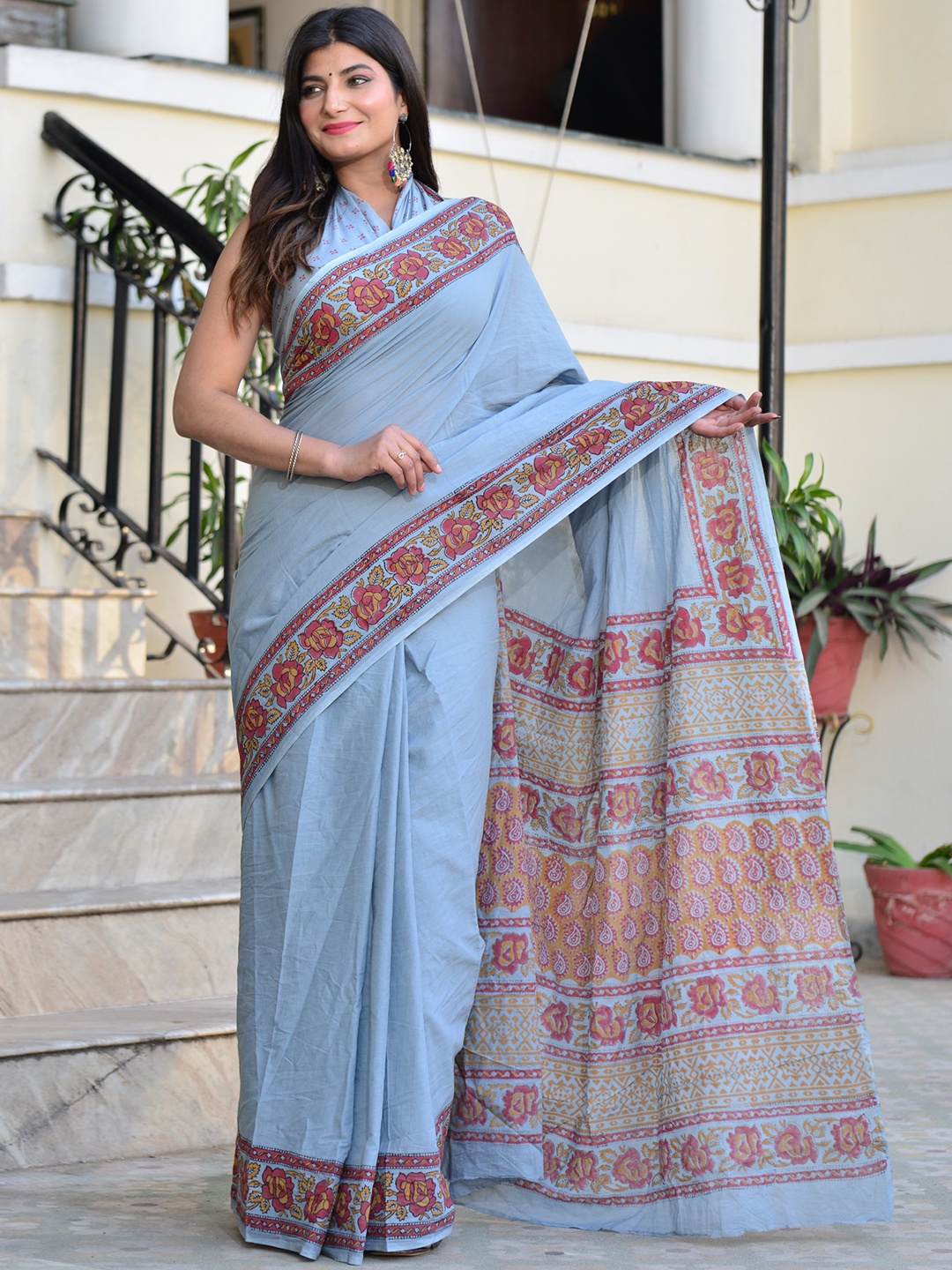 

Shivanya Handicrafts Pure Cotton Block Print Saree, Blue