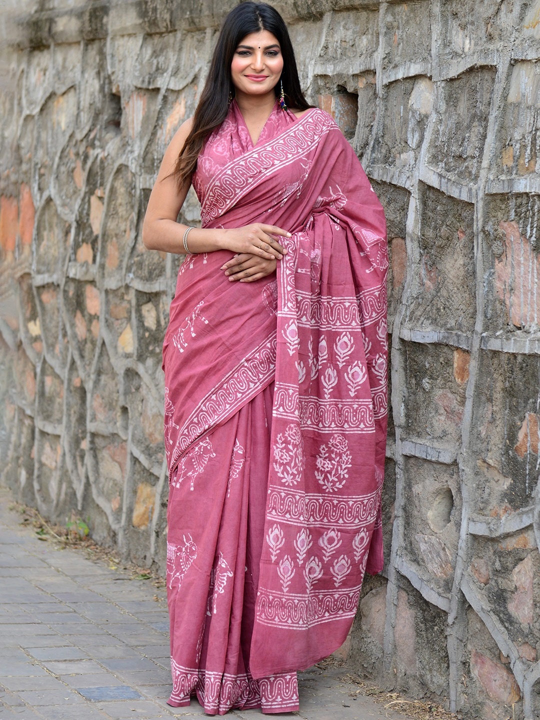 

Shivanya Handicrafts Ethnic Motifs Pure Cotton Block Print Saree, Pink