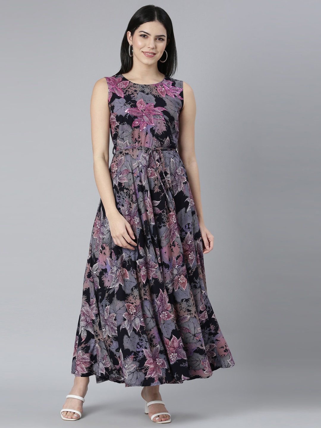 

Neerus Round neck Sleeveless Floral Print Satin Maxi Dress, Grey